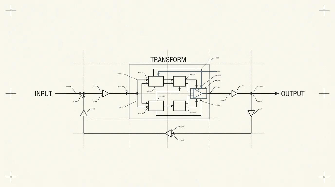 Blueprint of a logic process: input, transform, output, with a feedback path