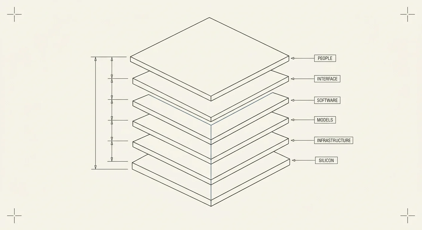 Exploded blueprint of the vertically-integrated technology stack, silicon to people